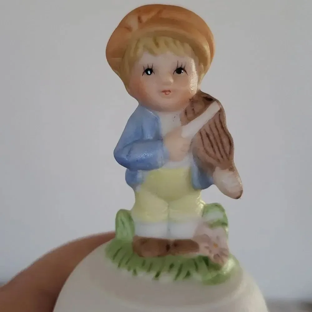 Cute Pair Vtg Homco Porcelain Bells Boy Girl Playing Instruments Floral Design